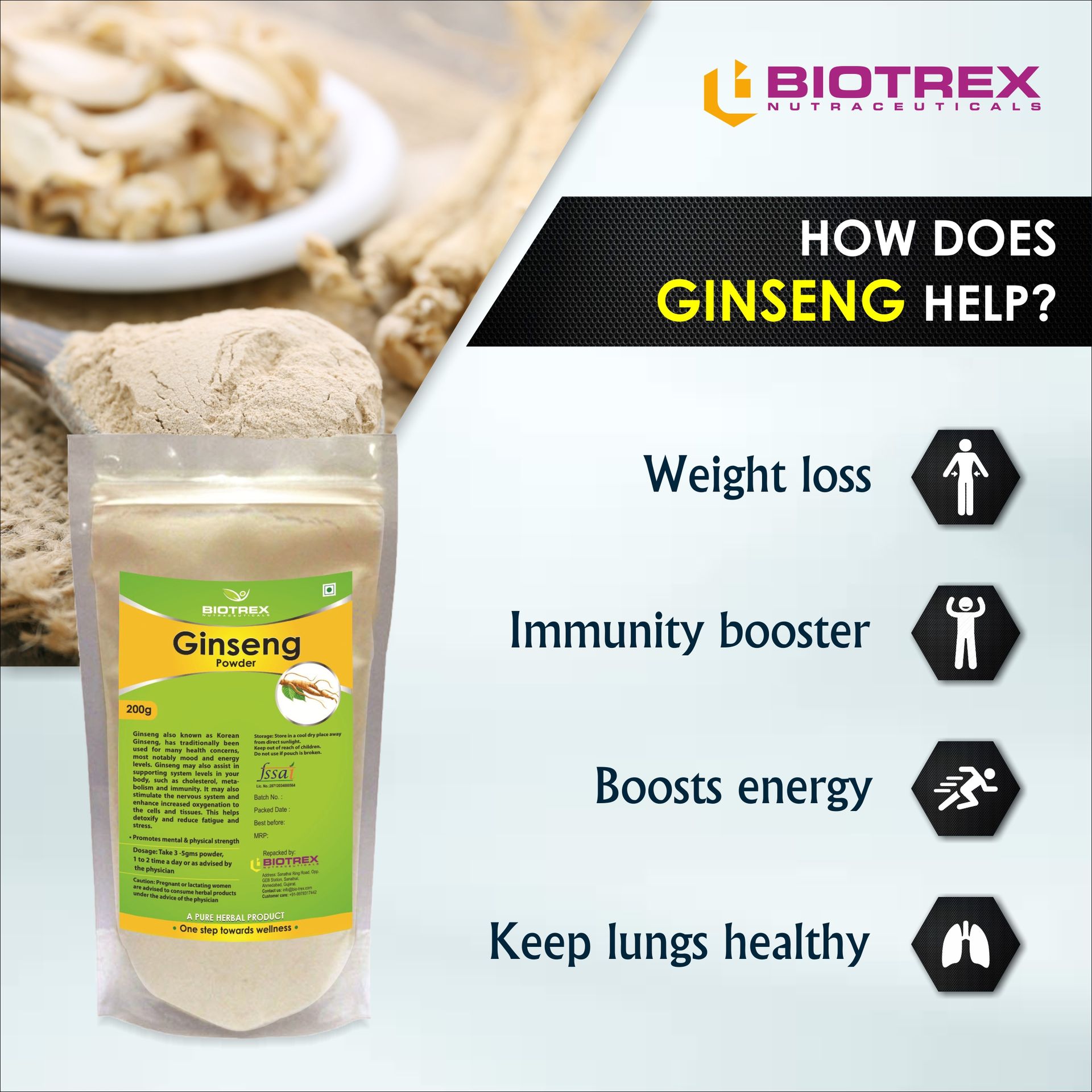 Biotrex Nutraceuticals Ginseng Herbal Powder - 200gram