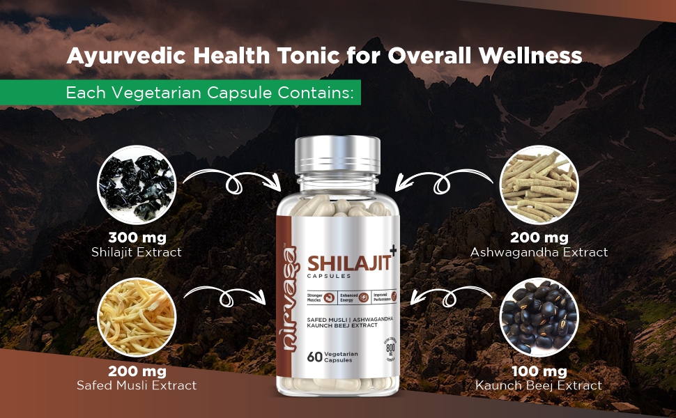 Nirvasa Pure Shilajit/Shilajeet (800mg) 60 Capsules | Boost Strength, Stamina, Energy & Immunity | Supports Vitality, Performance & Muscle Growth | Ashwagandha, Safed Musli & Kaunch Beej (Pack of 1)