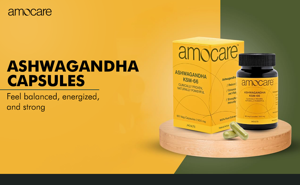 Amocare Ashwagandha KSM66 | Veg Capsules (60) | World's Most Clinically Studied Ashwagandha | Full Spectrum Root Extract | >5% Withanolides | Overall Well-being and Strength