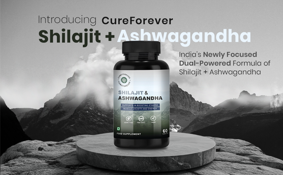 CUREFOREVER Shilajit & Ashwagandha 1000mg | Lab Tested Himalayan Shilajeet (500mg) + Ashwagandha (500mg) | Powerful Duo Formula for Energy, Strength & Stress Relief | Immunity booster for Men & Women | 60 Tablet