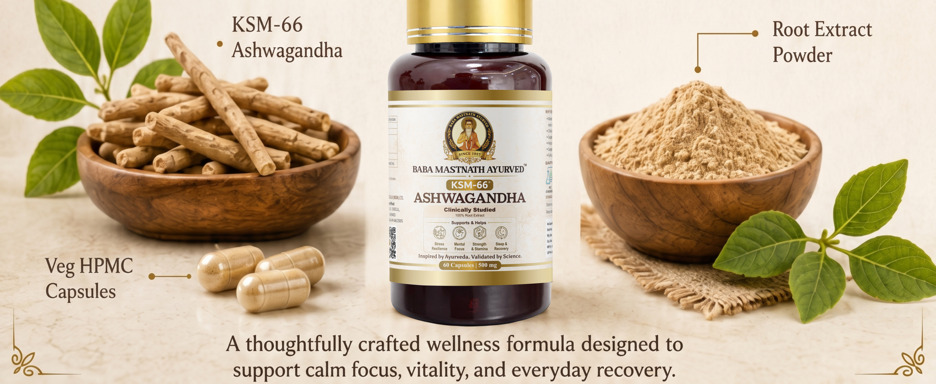 KSM-66® Ashwagandha Capsules 500mg | KSM 66 Ashwagandha Root Extract Standardized to 5.1% Withanolides | Stress, Sleep, Calm Focus, Recovery & Energy Support | 60 Veg Capsules