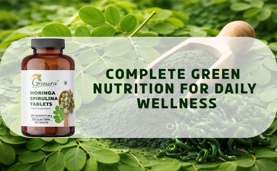 Grenera Moringa Spirulina Tablet-120 Tablets | Made with Pure Moringa and Spirulina Powder | Natural super food | Non-GMO, Gluten free