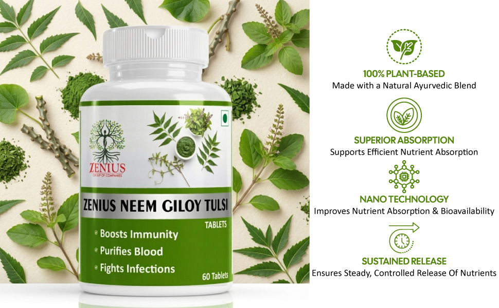 Zenius Neem Giloy Tulsi Tablets, Boosts Immunity, Purifies Blood, Fights Infections, Ayurvedic, 60 Tablets