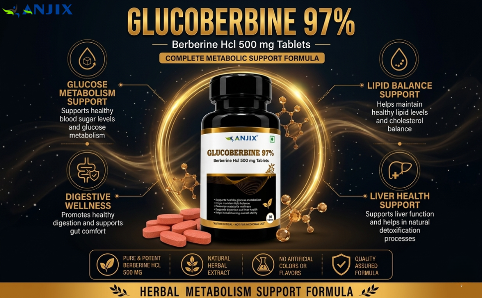 Berberine HCL (Glucoberbine) 97 Percent Tablets | 500 mg Herbal Supplement for Metabolism Support Digestive Wellness | 60 Tablets Pack