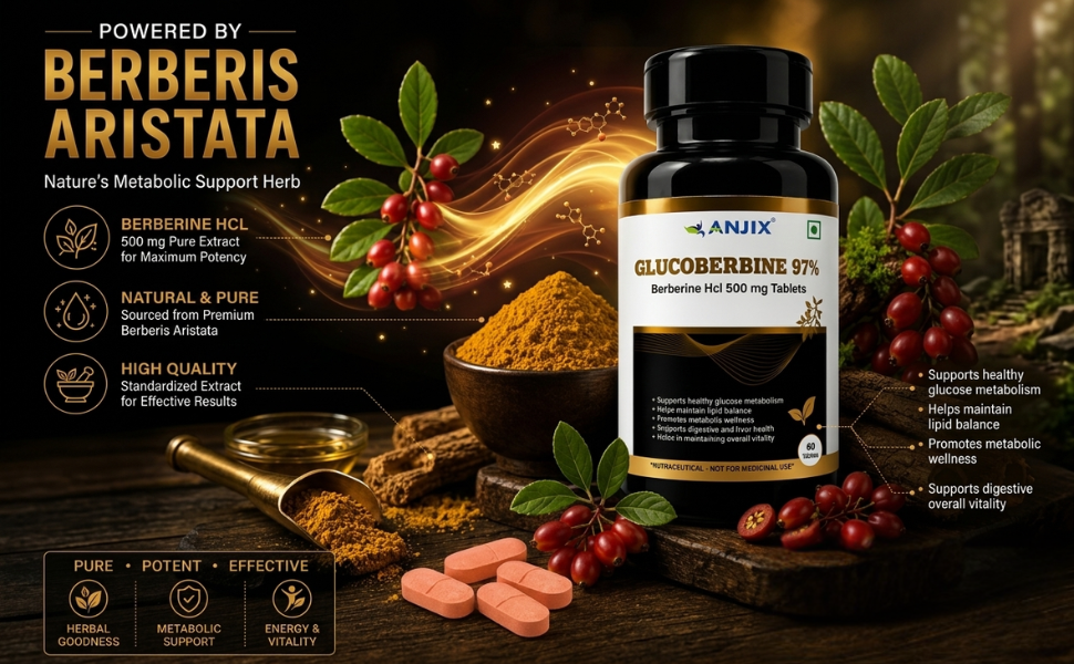 Berberine HCL (Glucoberbine) 97 Percent Tablets | 500 mg Herbal Supplement for Metabolism Support Digestive Wellness | 60 Tablets Pack