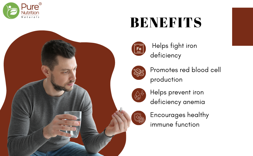 Pure Nutrition Iron Folic Acid Supplement with Zinc, Vitamin C & Vitamin B12 for Men & Women | Supports Haemoglobin Production, Boosts Immunity & Maintains Iron Level - 60 Veg Tablets (Pack 2)