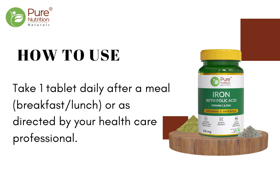 Pure Nutrition Iron Folic Acid Supplement with Zinc, Vitamin C & Vitamin B12 for Men & Women | Supports Haemoglobin Production, Boosts Immunity & Maintains Iron Level - 60 Veg Tablets (Pack 2)