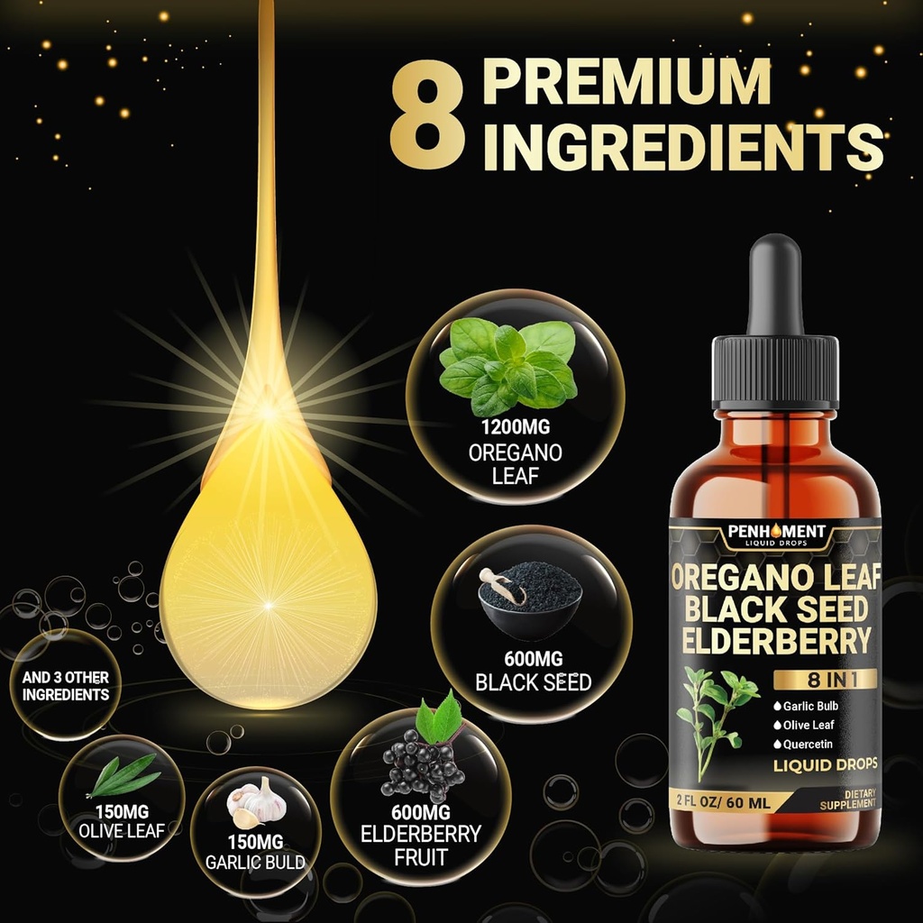 8in1 2900mg Oil of Oregano Drops with Black Seed Oil Liquid | Contains Carvacrol | Garlic, Elderberry, Olive Leaf, Quercetin, Bromelain - 2 Fl Oz 4