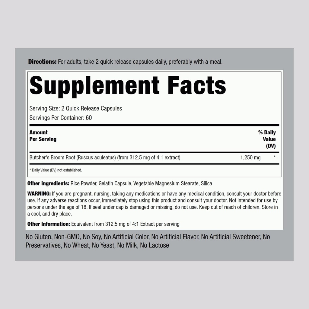 Piping Rock Butchers Broom Supplement | 1250 mg | 120 Capsules | Herbal Root Extract | Non-GMO, Gluten Free 3