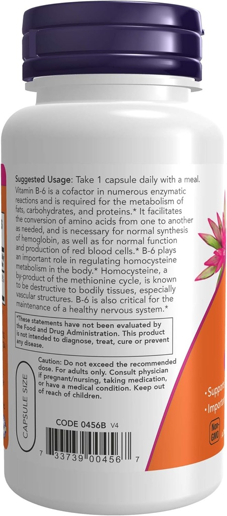 NOW Supplements, Vitamin B-6 (Pyridoxine HCl) 100 mg, Cardiovascular Health*, 100 Veg Capsules (Pack of 2) 4
