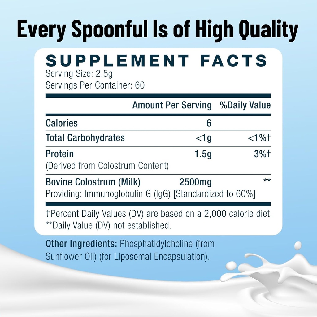 Liposomal Bovine Colostrum Powder Supplement 100% Pure Colostrum, 1500% Higher Bioavailability for Immune and Gut Health (60 Servings) 3