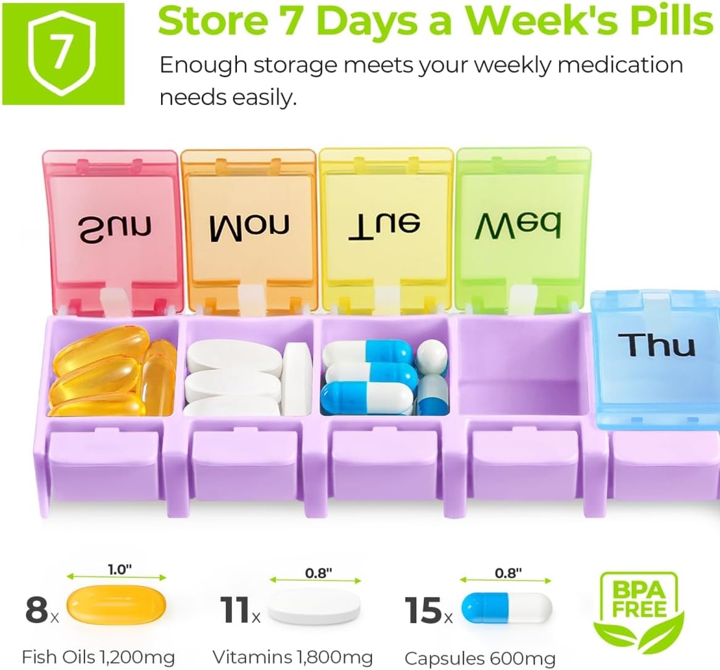 AUVON Weekly Pill Organizer Arthritis Friendly, BPA Free Travel 7 Day Pill Box Case with Spring Open Design and Large Compartment to Hold Vitamins, Cod Liver Oil, Supplements and Medication 4