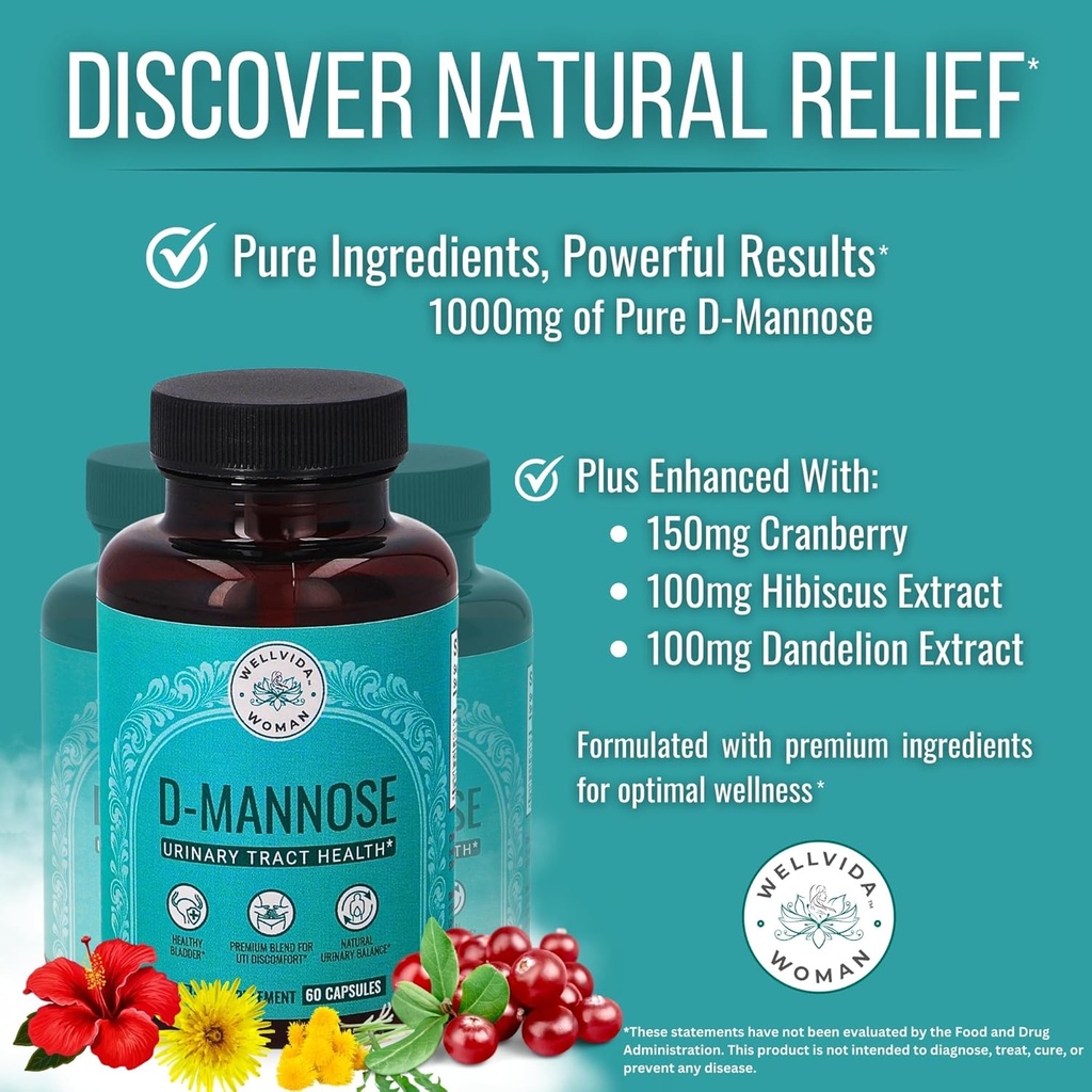 Natural D Mannose 1000mg Capsules | Antioxidant-Rich Cranberry Supplement with Hibiscus & Dandelion | 4-in-1 DMannose Pills for Urinary Tract Health for Women | Clear UTI Support | 30-Day Supply 3