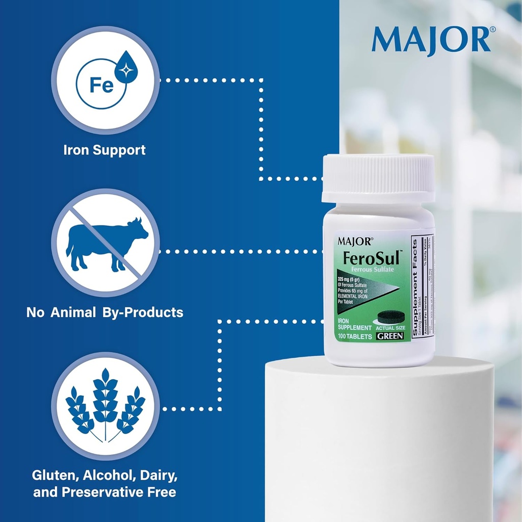 Major Ferosul - Ferrous Sulfate 325mg Tablets with 65mg of Elemental Iron - Iron Supplement for Women, Men - Green - 100 Tablets (6 Pack) 5