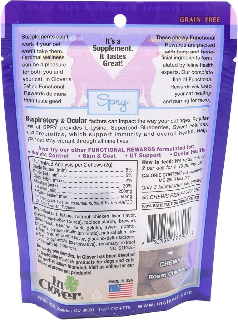 In Clover Spry Daily Respiratory and Ocular Support Soft Chews for Cats, with L-Lysine, Superfoods, and Prebiotics for a Strong Immune System, 2.1 oz. (60 count) 4
