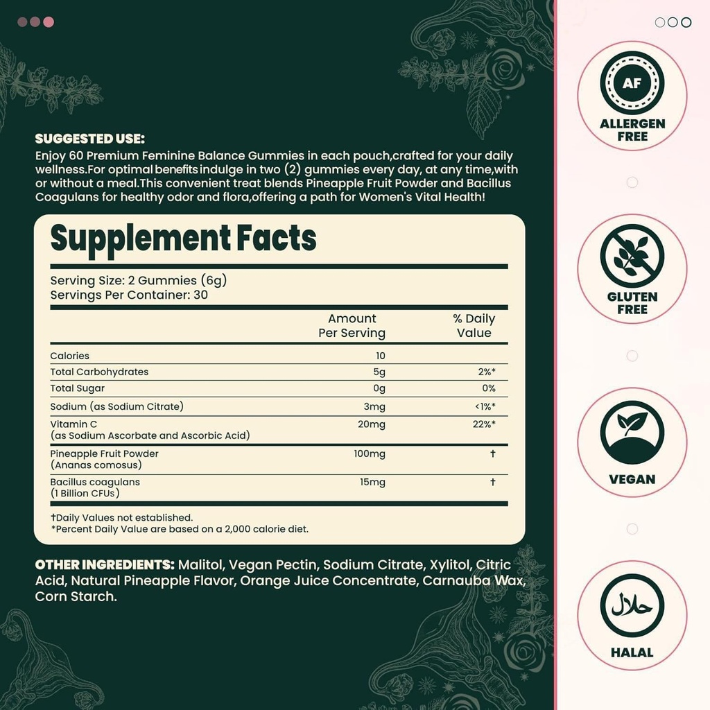 Premium Feminine Balance Gummies, Immune Support,Vegan, Gluten-Free,Hawaiian Pineapple,for Women’s Health & Wellness,60 Gummies - 30 Servings (1) 6