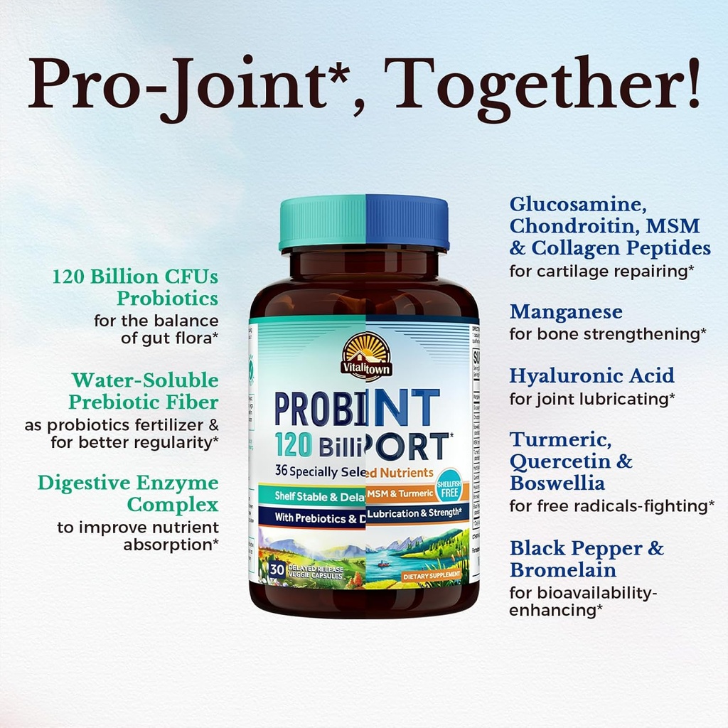 Vitalitown Probiotic + Glucosamine Chondroitin MSM Bundle (Pack of 2) | Probiotics 120 Billion CFUs (Item 1) & Joint Support* (Item 2) | 30 Probiotic Capsules & 90 Joint Capsules 4