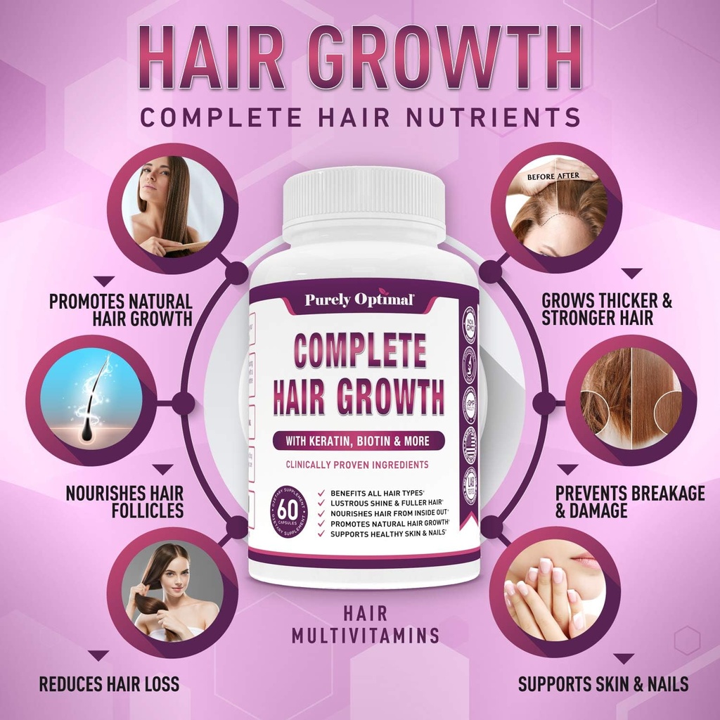 Purely Optimal Premium Multi Collagen Peptides Capsules (Types I, II, III, V, X) + Premium Hair Growth for Women & Men - Hair Growth Vitamins w/Biotin & Keratin 6