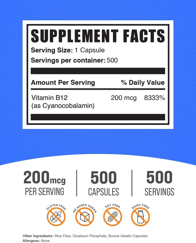 BulkSupplements.com Vitamin B12 Capsules - as Cyanocobalamin, Vitamin B Supplement, Vitamin B12 200 mcg - Energy Vitamins, Gluten Free, 1 Capsule per Serving, 500 Capsules (Pack of 1) 3