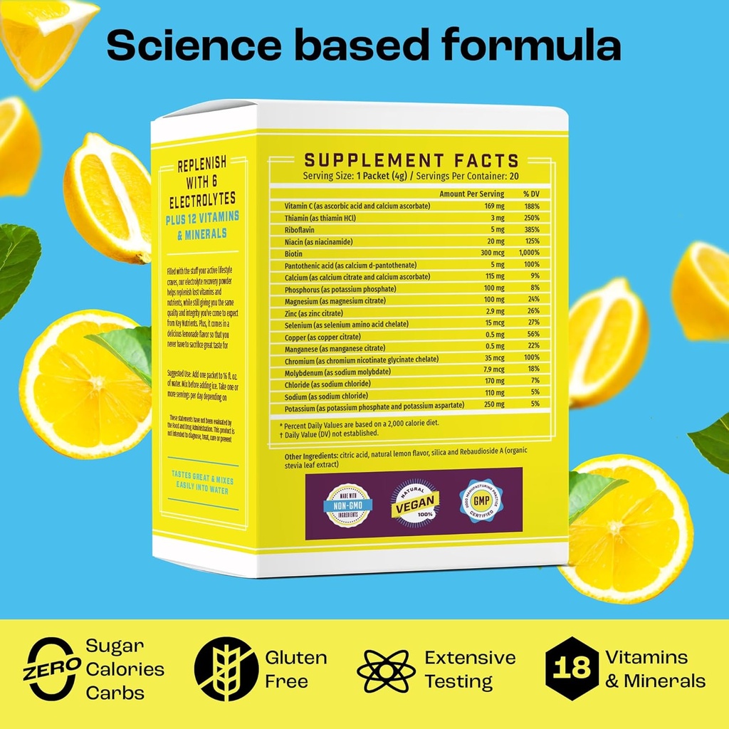 KEY NUTRIENTS Electrolytes Powder Packets 20 Pack - No Sugar, Refreshing Lemonade, Hydration Packets with Electrolyte Powder for Refreshing Electrolyte Drink Mix Packets - Zero Calories 5