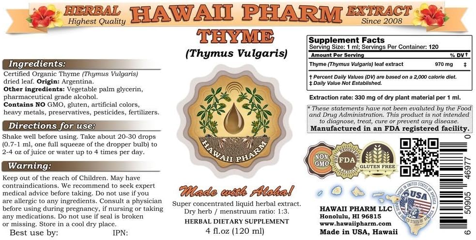 HawaiiPharm Thyme (Thymus vulgaris) Liquid Extract 4 fl.oz 3