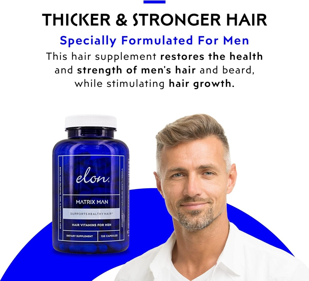 Elon Matrix Man - 60 Day Supply - Hair Growth Vitamins for Men – Saw Palmetto & Biotin Advanced Formula Vitamins – Promotes Healthy Beard Growth – (120 Capsules) 3