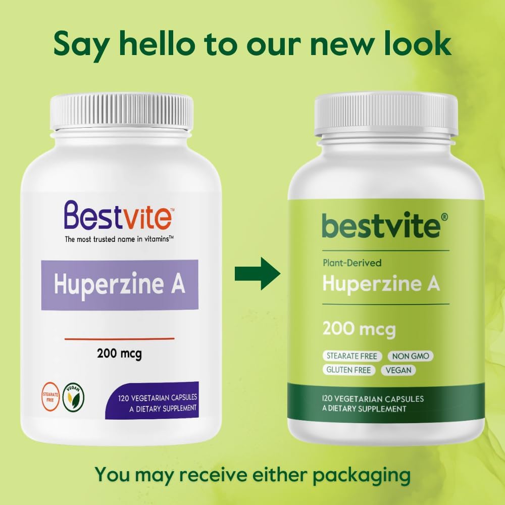 BESTVITE Huperzine A 200mcg from Naturally Derived Huperzia Serrata (120 Vegetarian Capsules) - No Stearates - No Flow Agents - Vegan - Non GMO - Gluten Free - Superior Form of Huperzine A 5