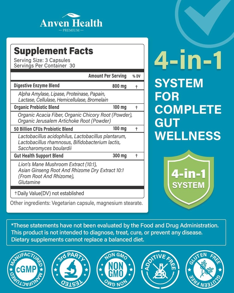 800mg Digestive Enzymes for Men and Women with Probiotics & Prebiotics, 8 Key Enzymes, Protease, Amylase & Lipase | 180 Capsules - A 60-Day Supply for Bloating & Gas Relief - Non-GMO 3