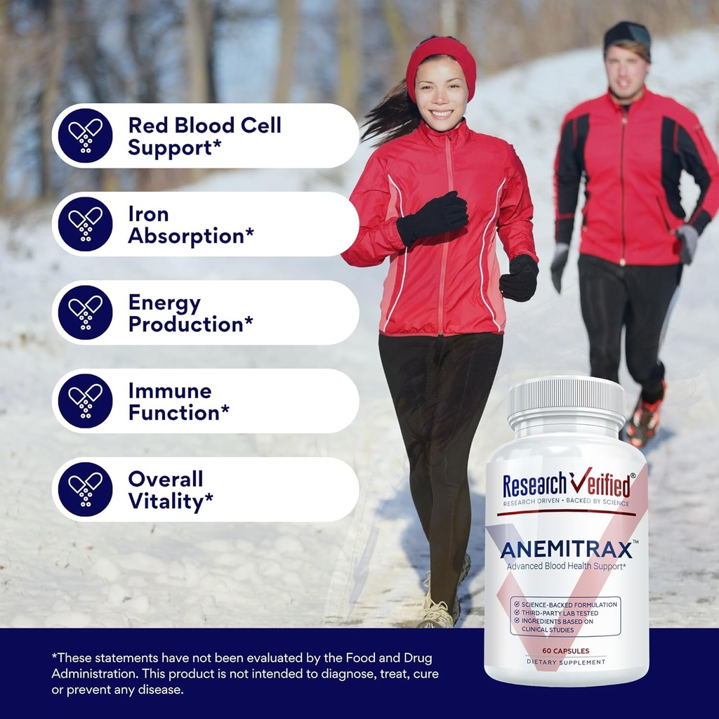 Research Verified Anemia Support - Replenish Iron, Regulate Hemoglobin, Improve Energy - Iron, Vitamin C, Vitamin A, B12, Folate, BioPerine - 60 Capsules - Vegan 5