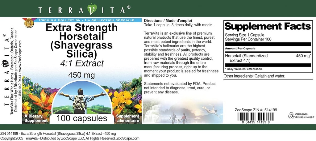 Extra Strength Horsetail (Shavegrass Silica) 4:1 Extract - 450 mg (100 Capsules, ZIN: 514199) 4