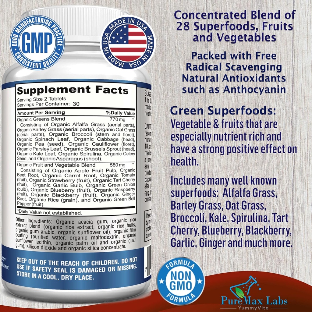 Fruit and Veggie Superfood Greens - 28 Fruits and Vegetables incl. Alfalfa, Barley Grass, Spirulina, Beet Root, Tart Cherry, Concentrated Natural Antioxidants- 60 Tablets 3