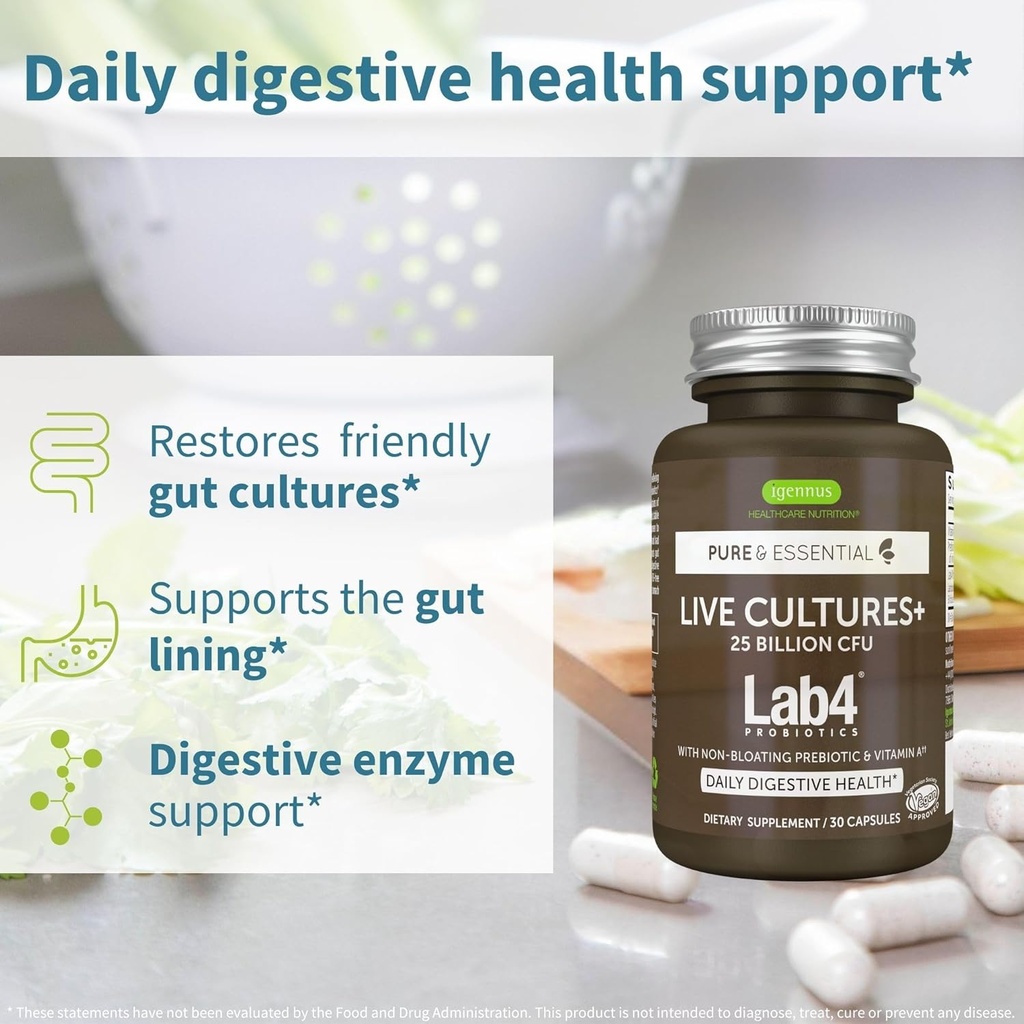 Igennus Probiotics & Prebiotic, Lactobacillus Acidophilus & Bifidobacterium, Live Cultures+ Lab4, Guaranteed 25 Billion CFU, for Women & Men, Non-Bloating Gut Health Support, Non-GMO, 6 x 30 Capsules 3