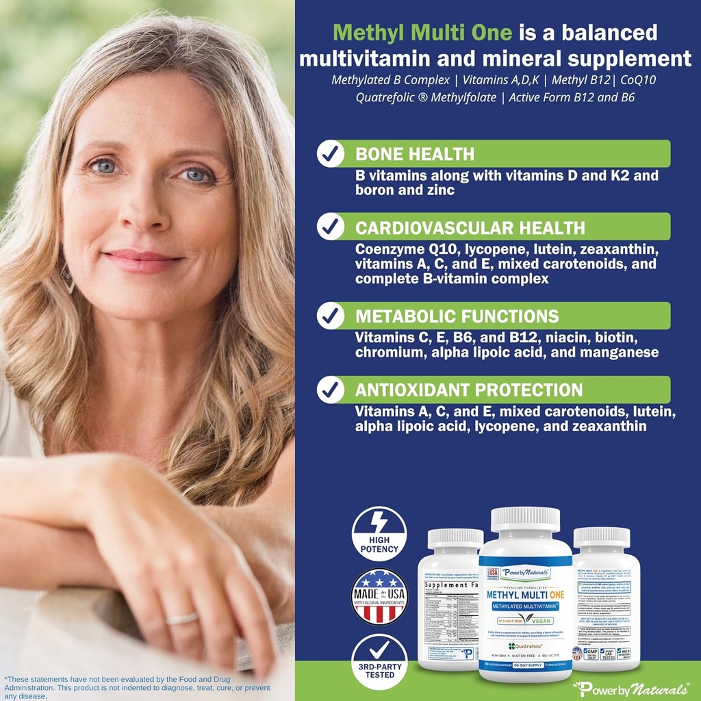 Power By Naturals Methyl Multi One – Iron-Free Methylated Multivitamin for Men & Women with B12 Methylcobalamin, P5P, Folate (5-MTHF), CoQ10 & Zinc for Energy & MTHFR Support, 60 Capsules (2-PK) 6