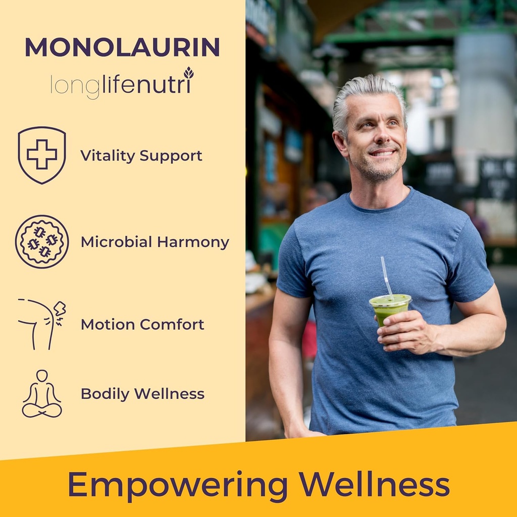 LongLifeNutri Monolaurin 1500mg - Potent Glycerol from Coconut, 200 Vegetarian Capsules, Organic Supplement for Gut Balance & Natural Defense, 100-Day Supply, GMP Certified, Made in USA 5