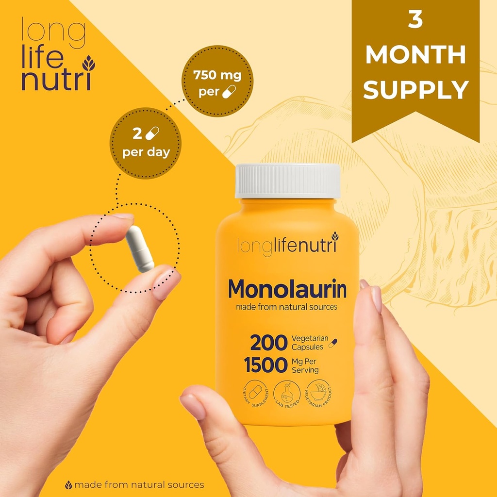 LongLifeNutri Monolaurin 1500mg - Potent Glycerol from Coconut, 200 Vegetarian Capsules, Organic Supplement for Gut Balance & Natural Defense, 100-Day Supply, GMP Certified, Made in USA 6