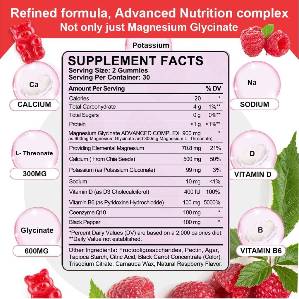 900mg Magnesium Complex 65 Raspberry Gummies, Sugar Free Magnesium Glycinate & L-Threonate Potassium Supplement with Vitamin D, B6, CoQ10 for Relaxation 4