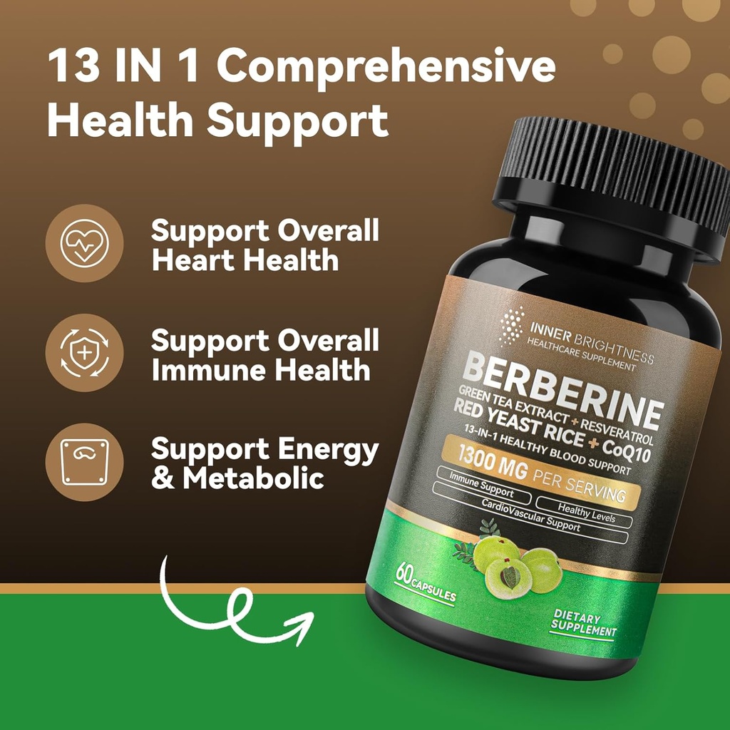 Berberine 1300mg with Green Tea Extract, Resveratrol, Red Yeast Rice & CoQ10 – 13-in-1 Immune Health, Natural Metabolic Support – 60 Capsules – Non-GMO, Lab Tested 3