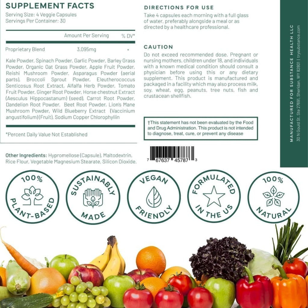 SUBSTANCE. 4-pck Nature's Sustenance Daily Greens, Daily Fruit and Veggies Supplement - Enhance Energy, Mental Clarity - Fruits and Vegetables Supplements - US Made, Vegan-Friendly - 120 Servings. 5