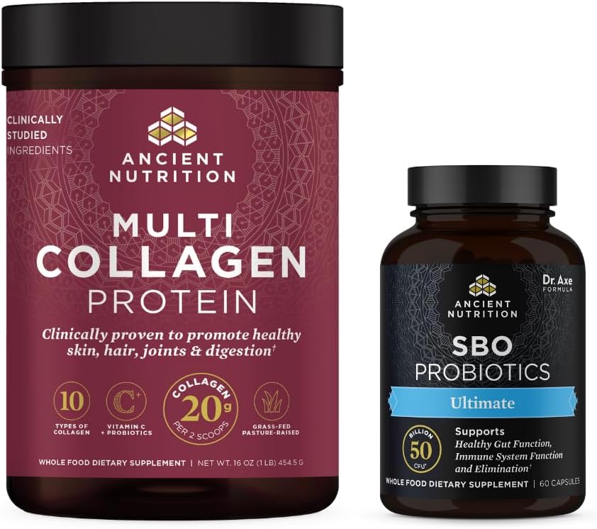 Ancient Nutrition SBO Ultimate Probiotics Capsules, 60 Count + Multi Collagen Protein Powder, Unflavored, 45 Servings 2