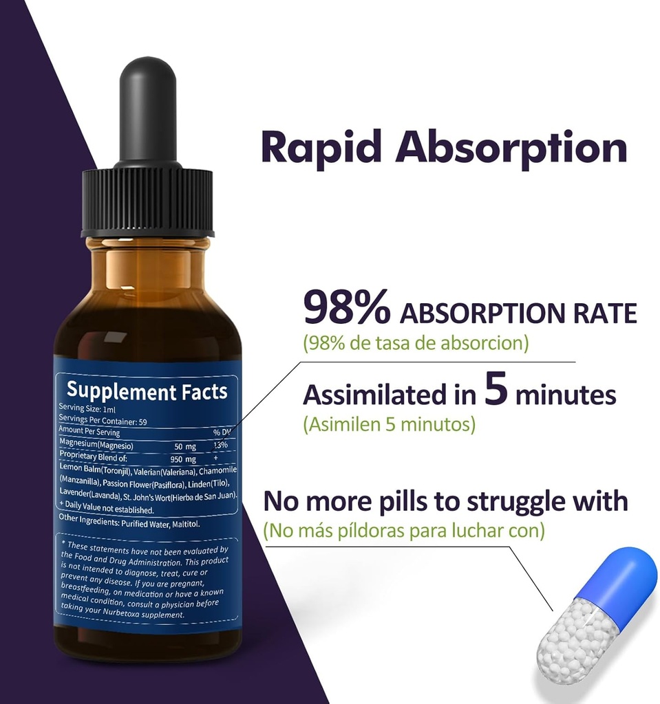 Lemon Balm Mood Boost Drops, Gotas de Citrato de Magnesio, Toronjil y Valeriana para Dormir y Ansiedad, Natural Calm, Cortisol Balance, Promotes Relaxation w/Magnesium Extract Liquid.2oz 5