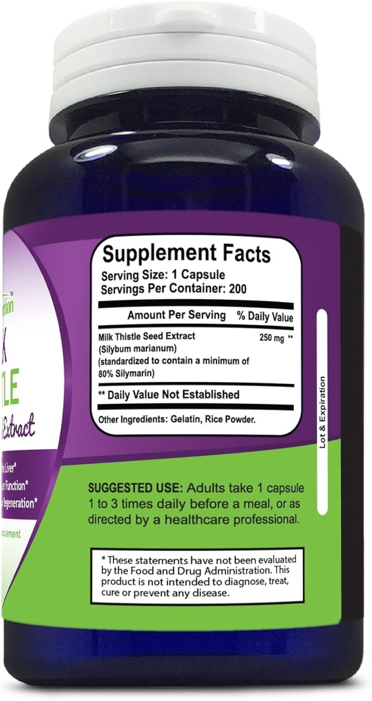 Milk Thistle Standardized Extract with 80% Silymarin 250 mg, 200 Capsules 3