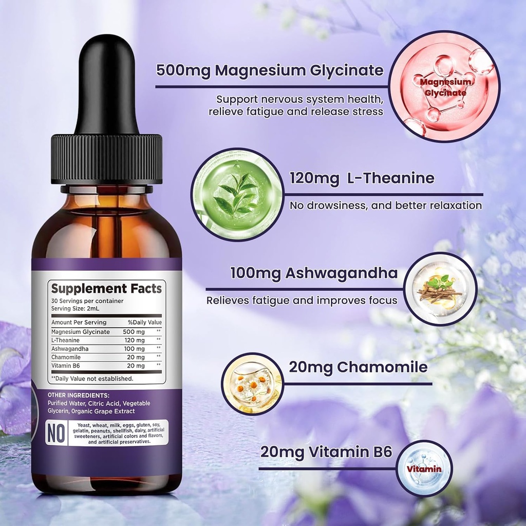 (2 Pack) Magnesium Glycinate Liquid Drops 500mg, with Vitamin B6, Ashwagandha, L - Theanine, Chamomile, Magnesium Glycinate Supplement High Absorption for Sleep, Stress, Energy Mood - Grape Flavor 5