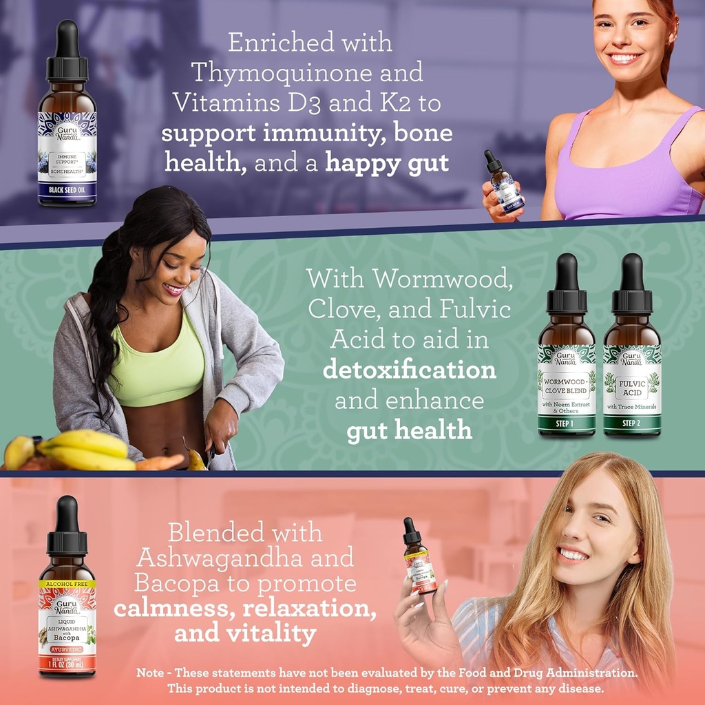 GuruNanda Total Wellness Boost with Liquid Ashwagandha, Black Seed Oil & GutCleanse - Helps with Immunity and Mind Care 4