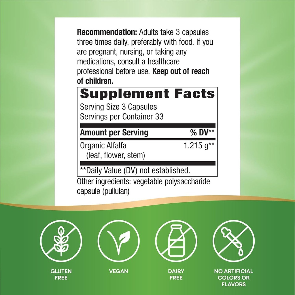 Nature's Way Alfalfa, Made With Organic Alfalfa, 1,215 mg per 3-capsule serving, Alfalfa Herbal Capsule, Gluten Free, Vegan, 100 Capsules (Packaging May Vary) 3
