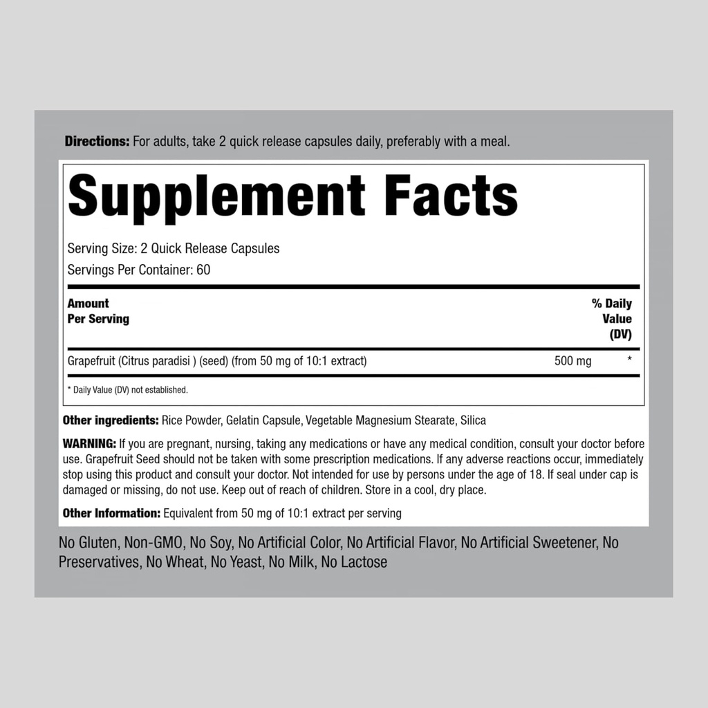Grapefruit Seed, 500 mg (per serving), 120 Quick Release Capsules 3