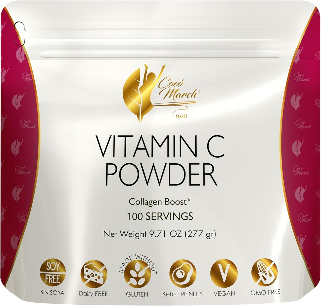 Cocó March N.M.D 1000 mg Vitamin C Powder- for Collagen Production & Immune Support, Zinc, Bromelain, Quercetin, L-Lysine - Free from: Gluten Dairy, Soy, GMOs, Vegan and Keto Friendly 10 Oz 2