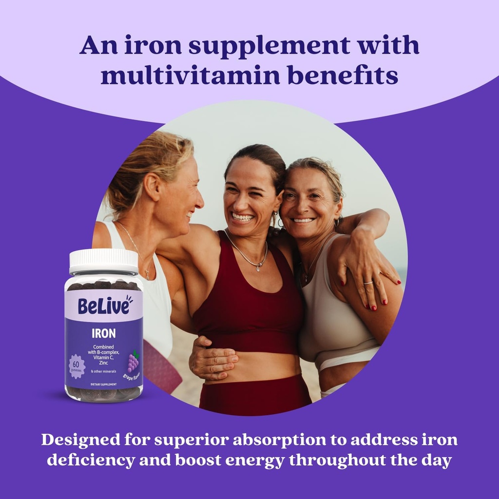 BeLive Iron Gummies - Multivitamin Iron Supplement with Vitamin C, A, B & Zinc, Supports Blood Oxygen, Vegan Supplements for Women, Men & Kids for Growth and Development - Grape Flavor | 3-Pack 5