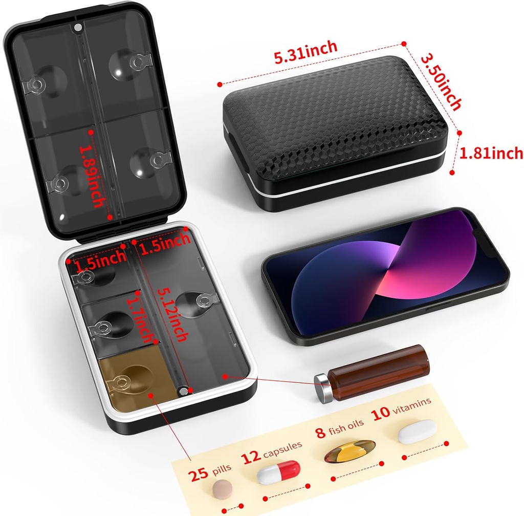 Restree Weekly Pill Organizer, Magnetic Moisture Proof Pill Case, Large Capacity Travel Pill Box with Inner Clear Lid for Vitamins, Supplements, and Daily Medications 8 Compartment (Black) 4