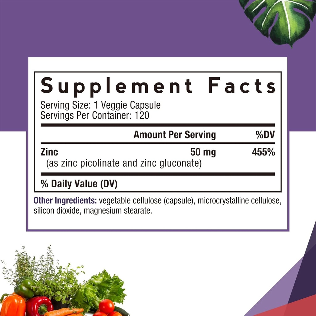 Doctor’s Recipes Zinc 50mg, Highly Absorbable Zinc Picolinate & Gluconate, Supports Natural Immune Defense, DNA & Protein Formation, Cell Growth, Non-GMO, 120 Veggie Capsules 3