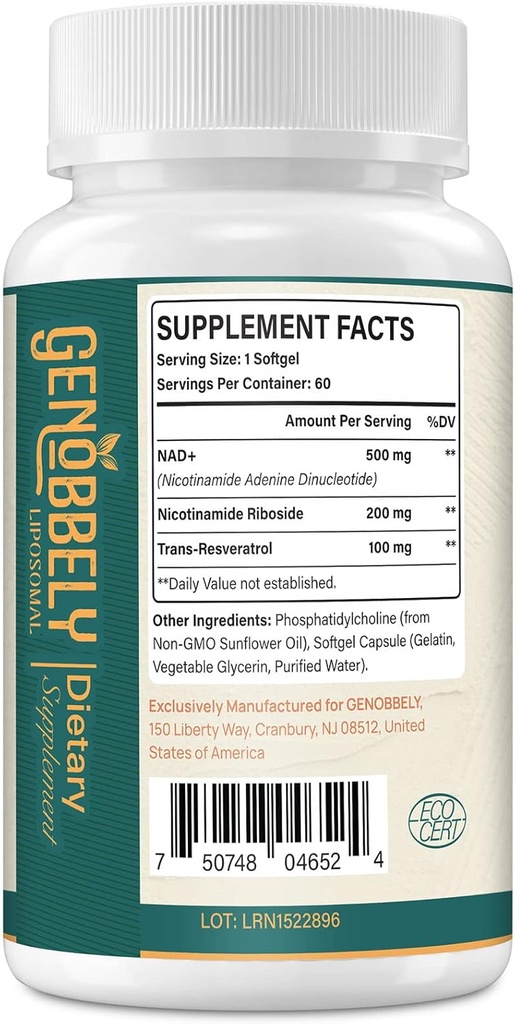 800 mg Liposomal NAD+ Supplement with Nicotinamide Riboside 200 mg, Trans-Resveratrol 100 mg - True NAD Supplement for DNA Repair, Healthy Aging, Brain Function - 360-Day Supply 3